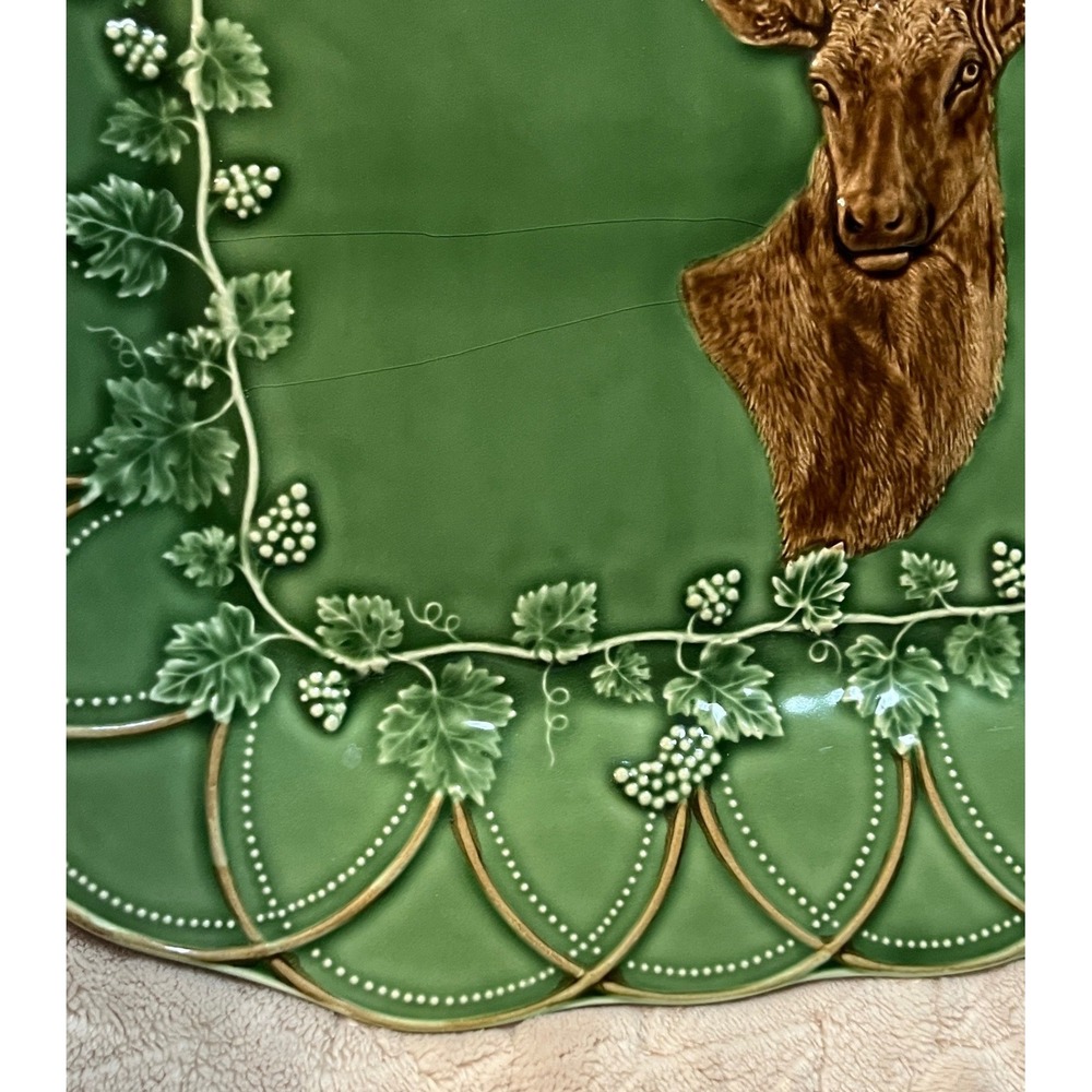 Bordallo Pinheiro Woods Deer Platter Tray Green Buck Portugal 18.75" Bosque Hunt - Picture 5 of 13